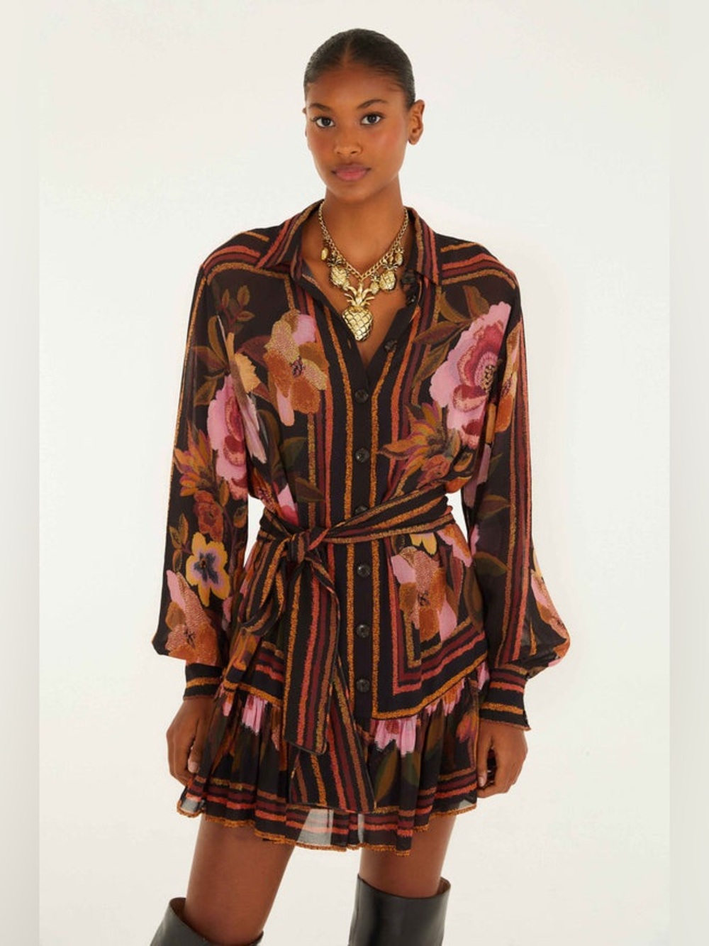 FARM Rio Chenille Flowers Long-Sleeve Belted Mini Shirtdress – Size S NWT